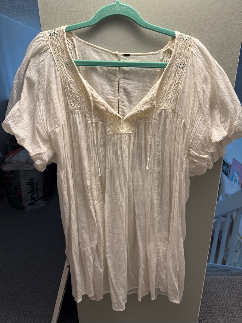Free People Cream Gauze Peasant Tunic with Lace Yoke